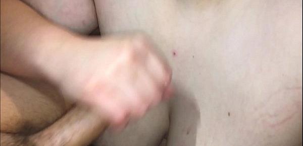  Big tits girl get naked showing off her 48DDD tits then start jacking off her sister boyfriend using her spit shooting his cum all over her huge tits and nipples